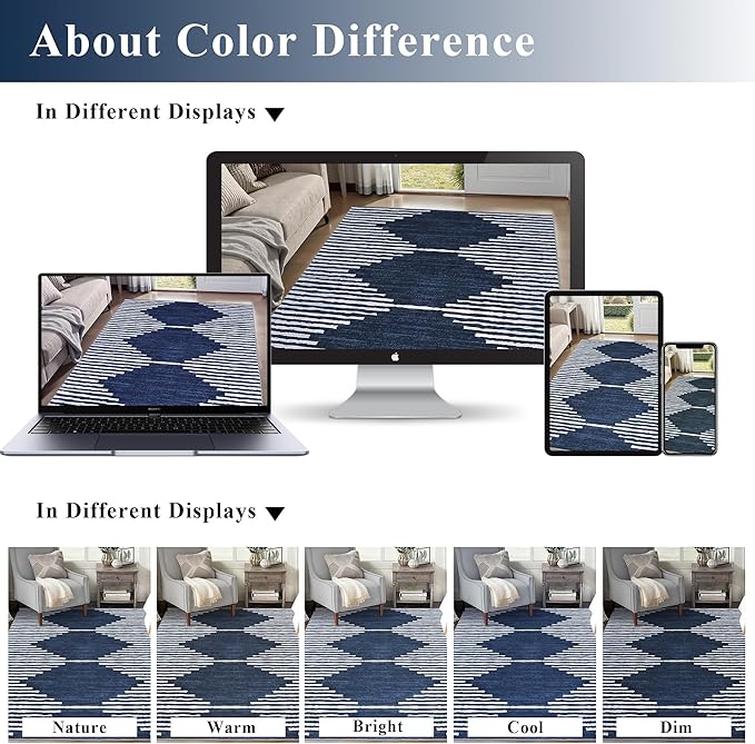 HelloTree Hallway Runner Rug，2.6x8 Moroccan Modern Stripe Carpet Washable Machine Bathroom Runner Bohemian Design Modern Soft Non Slip Indoor Rug for Entryway Hallway Laundry Room Bedroom-Blue