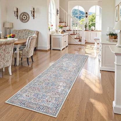 Lahome Floral Washable Kitchen Runner Rug, 2x6 Runners for Hallways Non Slip Ultra-Thin, Boho Soft Hallway Rug Forest Carpet Runners for Bedroom Bathroom Laundry Room, Beige/Blue