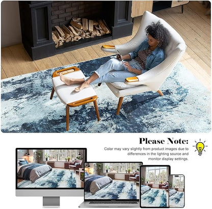 Washable Abstract Rug, 5x8 Modern Area Rugs with Non-Slip Rubber Backed for Living Room, Thin but Soft Contemporary Carpet Kitchen Bedroom Dining Room Decor, Blue White