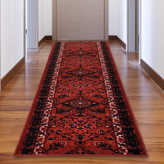 Custom Made Runner Rug Low Pile With Rubber Backing For Kitchen Foyer Hallway Entry Choose Your Length Size 31 Inch Wide Tribal Oriental Bokhara Torkaman Burgundy Color (2 feet x 31 Inch)