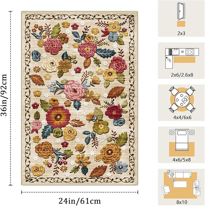 2x3 Machine Washable Area Rug for Entryway, Beige Vintage Boho Floral Rug Non-Slip Low Pile Soft Faux Wool Small Carpet, Kids and Pets Friendly for Bedroom Kitchen Hallway Bedside Home Decor Rug