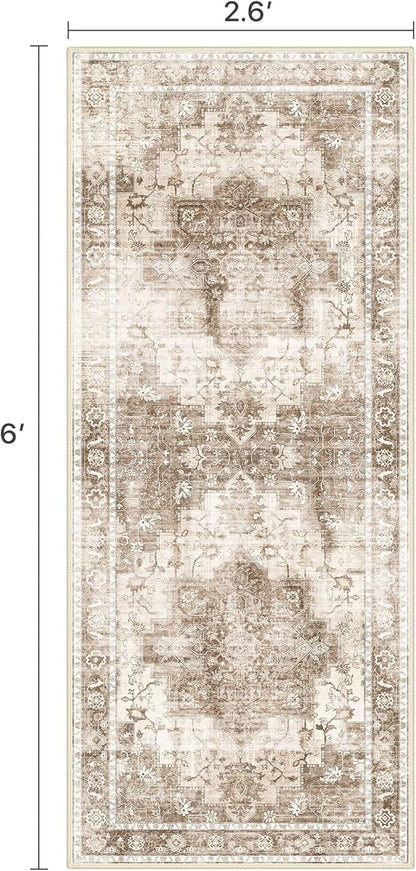 Runner Rug 2'6''x6 Non Slip Machine Washable Vintage Hallway Runner Rug, Low PileLight Weight Rugs for Entryway, Hallway, Kitchen and Corridor, Latte Beige