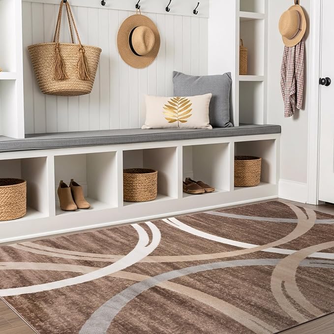 Rugshop Modern Wavy Circles Design Area Rug, Fade-Resistant Carpet for Living Room, Bedroom, or Office, Brown, 5'3" x 7'3"