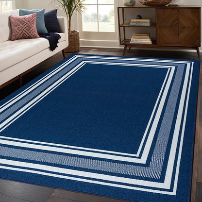 Beverly Rug Non Slip Area Rugs 5x7 Modern Bordered Non Skid Rubber Backing Soft Area Rug for Living Dining Room Easy to Clean Non Shedding Kitchen Bedroom Indoor Carpet 5 x 7 Navy