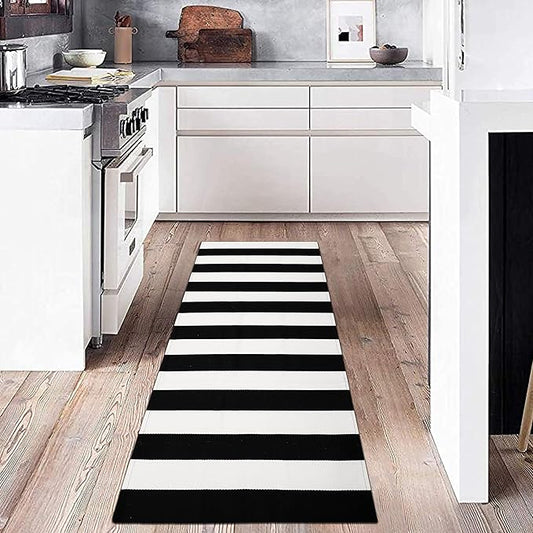 KOZYFLY Black and White Striped Runner Rug 2x6 Ft Washable Hallway Runner Rug Farmhouse Kitchen Rug Hand Woven Cotton Indoor Outdoor Rug for Kitchen Hallway Bedroom Laundry Room