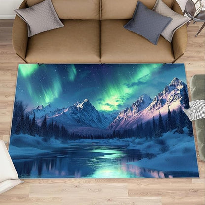 2x4 Snowy Mountains Runner Rug for Hallway - Aurora Borealis Kitchen Mat, Polar Landscape Kitchen Runner Rug Soft Non Slip Anti Fatigue for Laundry Room Indoor Hallways