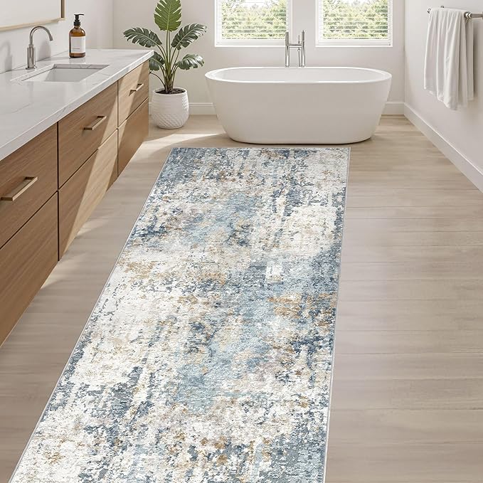 Runner Rug Non Slip Rugs: 3x10 Hallway Kitchen Washable Abstract Soft Modern Stain Resistant Indoor Floor Neutral Accent Throw Carpet for Bathroom Laundry Room Entryway Bedroom- Blue