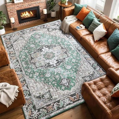 Large Area Rugs 6x9 , Washable Vintage Rugs -Low Pile, Soft Plush Rugs for Bedroom, Kitchen, Dining Room, Stain Resistance, Non Shedding & Kid & Pet Friendly, Green