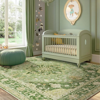 Area Rugs 6'x8' Washable Non-Slip, Floral Vintage Distress Print Pattern Medallion Carpet for Living Room Bedroom Dining Room, Sage Green Yellow