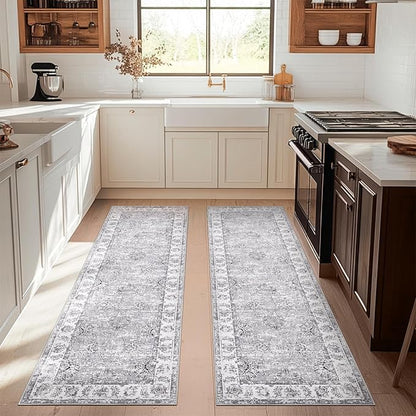 jinchan Fiora Runner Rug 3x8-2pcs Kitchen Washable Vintage Rug Hallway Rug Floral Print Floor Cover Indoor Thin Retro Mat Accent for Bathroom Laundry Room Bedroom Office Farmhouse (Double,Grey)