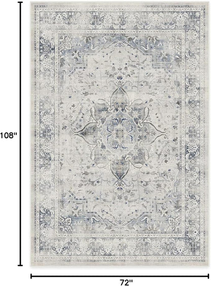 RUGGABLE Washable Vintage Area Rug – Sarrah Blue Quartz 6x9, Stain-Resistant, Non-Slip – Medium Machine Washable Rugs for Living Room, Bedroom, Hallway, Entryway & Office–with Standard Pad