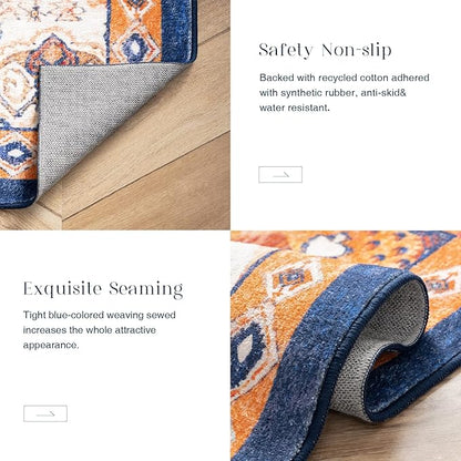 Phantoscope Washable Runner Rug 2'x10' Non-Slip, Vintage Boho Hallway Rugs for Entryway, Stair, Bedroom, Dining Room, Distressed Persian Market Pattern, Low-Pile Foldable Floor Carpet, Navy/Orange