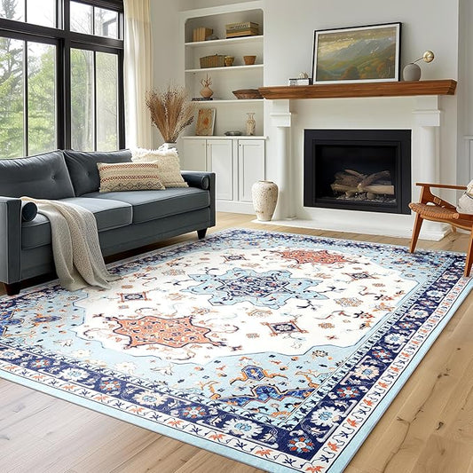 Phantoscope Washable Area Rug 8'x10' Non-Slip, Vintage Boho Rugs for Living Room, Bedroom, Dining Room, Medallion Persian Symmetrical Pattern, Low-Pile Foldable Floor Carpet, Ivory Blue/Orange