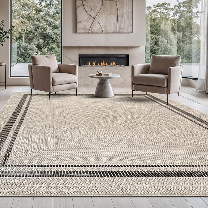 Beverly Rug Easy Jute Bordered Rug 10x14 Washable Large Indoor Outdoor Area Rugs for Living Dining Room Patio Office Stain Resistant Non Shedding Casual Indoor Outside Carpet 10 x 14 Off-White