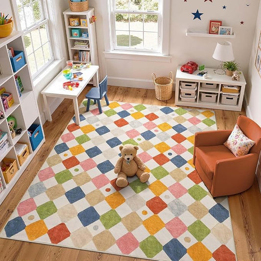 jinchan Macy Area Rug 8x10 Kids Washable Rug Indoor Floor Cover Non Slip Modern Soft Rug Playroom Diamond Carpet for Elementary School Classroom Nursery Daycare Living Room Bedroom Circus on Cream