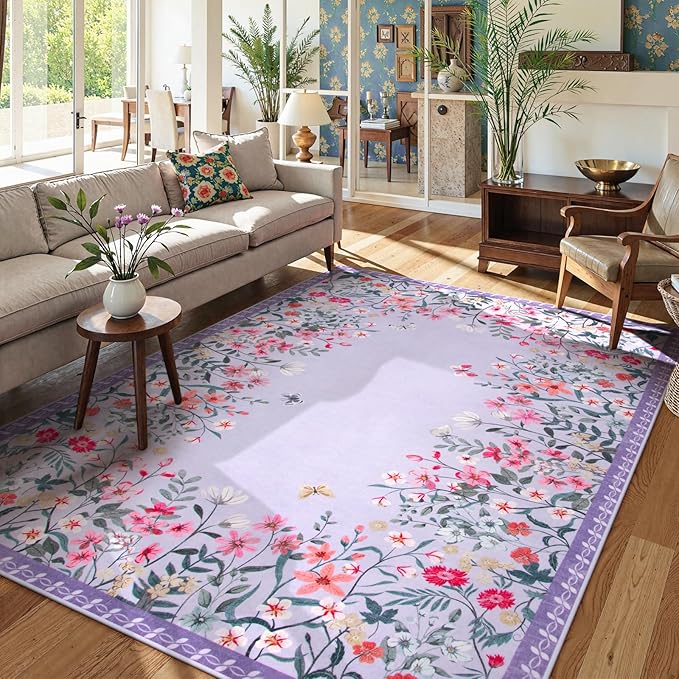 Wonnitar Washable Rug, 5x7 Purple Rugs for Living Room, Floral Print Non-Slip Pink Area Rugs for Bedroom Girls, Soft Large Throw Carpet for Kids Nursery Room (Purple,5'x7')