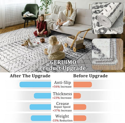 8x10 Machine Washable Area Rug for Living Room, Grey White Vintage Moroccan Rug Large Non-Slip Low Pile Soft Faux Wool Carpet, Kids and Pets Friendly for Bedroom Dining Room Farmhouse Home Decor Rug