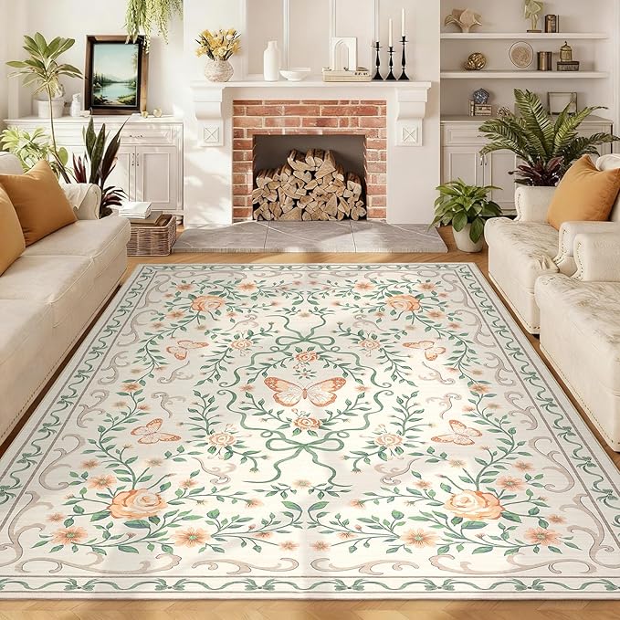 GarveeHome Washable Floral Area Rug 5x7 for Christmas Non Slip Bedroom Rug Soft Stain Resistant Large Dining Room Throw Carpet Low Pile Beige Bow Rugs Butterfly Flower Carpet for Living Room, 5x7