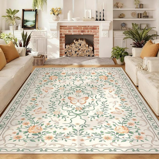 GarveeHome 8x10 Beige Floral Rugs for Living Room Washable Rugs Non Slip Stain Resistant Bedroom Floral Rug Low Pile Soft Dining Room Throw Carpet Beige Bow Large Carpet for Home Office Decor, 8x10