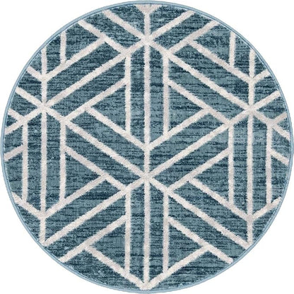 Rugs.com Lattice Trellis Collection Rug – 3 Ft Round Blue Low-Pile Rug Perfect for Kitchens, Dining Rooms