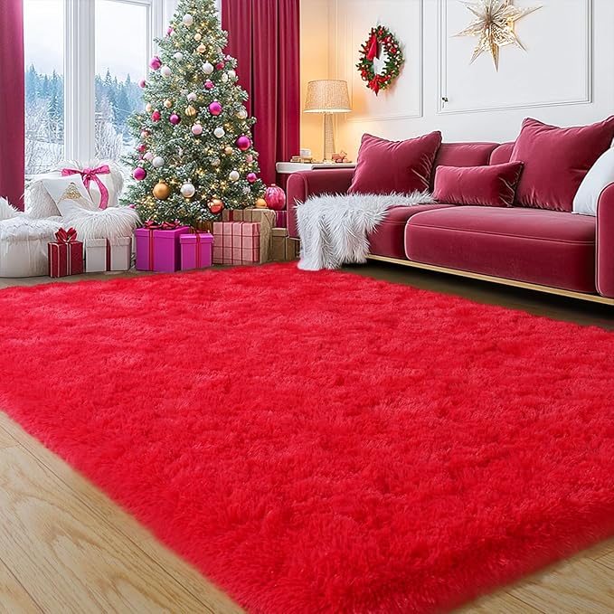 Red Fluffy Rug Plush Carpet for Bedroom Dorm, Non-Slip High Pile Rug, Shag Rug for Playroom Nursery Home Office Decor 8X10 Ft