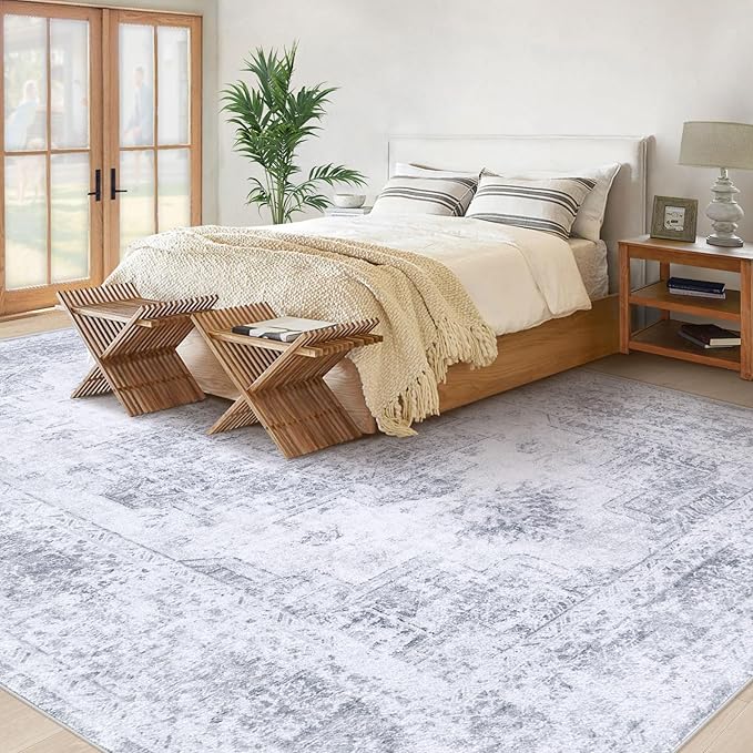 Area Rug 9x12 Living Room Rug, Machine Washable Vintage Distressed Medallion Rug Non-Slip Soft Low Pile Large Indoor Rugs for Bedroom Kitchen Dining Room Office(LightGrey,9'x12')