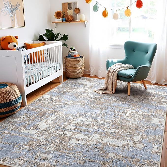 WITSHOCK Living Room Area Rugs 6x9: Abstract Rugs Machine Washable for Bedroom Carpet Resistant Non-Slip Carpet Large Indoor Floor for Dining Room Farmhouse Nursery Blue Brown