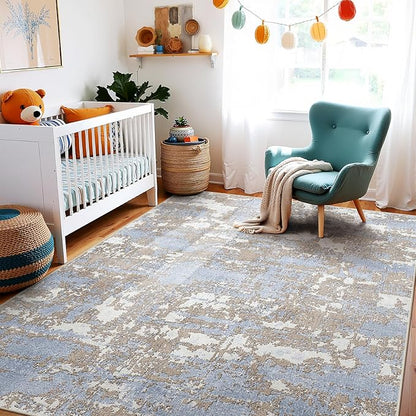 WITSHOCK Living Room Area Rugs 6x9: Abstract Rugs Machine Washable for Bedroom Carpet Resistant Non-Slip Carpet Large Indoor Floor for Dining Room Farmhouse Nursery Blue Brown