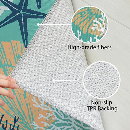 Tritard Coastal Area Rug 3x5 - Small Machine Washable Foldable Throw Rugs Non-Slip Beach Ocean Entryway Indoor Entrance Carpet for Kitchen Bathroom Laundry Bedroom Living Room, Teal and Turquoise