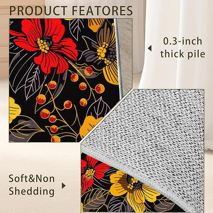 Black Floral Washable Living Room Area Rug, Low Profile Abstract Pattern, 3x5 Non-Slip Backing Carpet for Kitchen, Bedroom, Dining Room