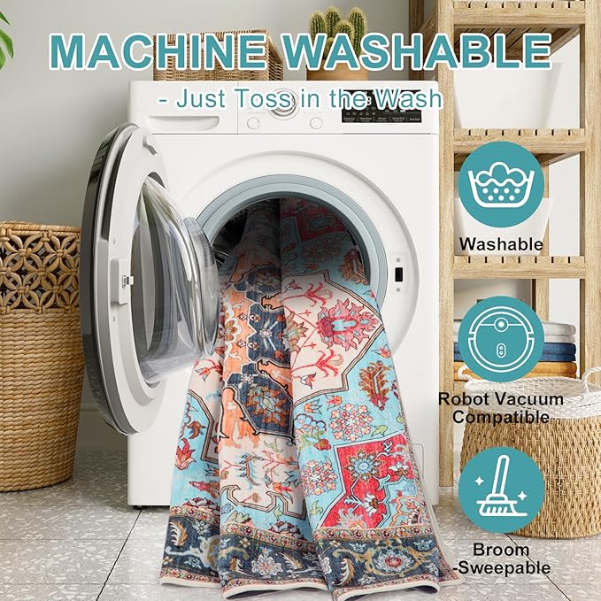 WILLSUN Washable Area Rugs, 8x10 Non-Slip Boho Large Area Rugs for Living Room, Bedroom, Machine Washable Vintage Rug, Indoor Floral Print Carpet for Home Decor, Kid & Pet Friendly Mat