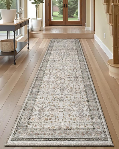 LUMI Washable Kitchen Rug, 23x59 Non-Slip Indoor Hallway Runner, Soft Low Pile Vintage Distressed Area Rugs for Laundry, Bedroom, Celadon