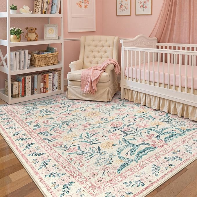 Wonnitar Pink Rugs for Bedroom Girls, 5x7 Washable Rug for Nursery Decor, Boho Soft Floral Carpet Non Slip, Indoor Ultra-Thin Floor Carpet for Baby Kids Room Living Room Dorm
