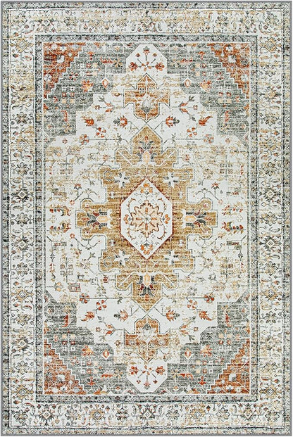 Moynesa Ultra-Thin Washable Area Rug - 4x6 Vintage Living Room Rugs Non-Shed Non Slip, Oriental Low Pile Indoor Accent Floor Carpet for Bathroom Bedroom Laundry Mudroom Entrance, Beige/Gold
