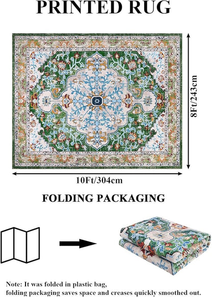 U'Artlines Boho Vintage Area Rug 8x10 Machine Washable Low Pile Soft Floor Carpet Non Slip Non Shedding Accent Rug for Living Room Bedroom Entryway Dining Room Office Green