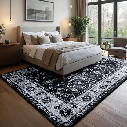 Area Rug for Living Room, 8x10 Machine Washable Non Slip Large Faux Wool Throw Rug, 0.3″ Low Pile & Non-Shedding Boho Large Carpet Rugs for for Dining Room, Bedroom, Office (Black White)