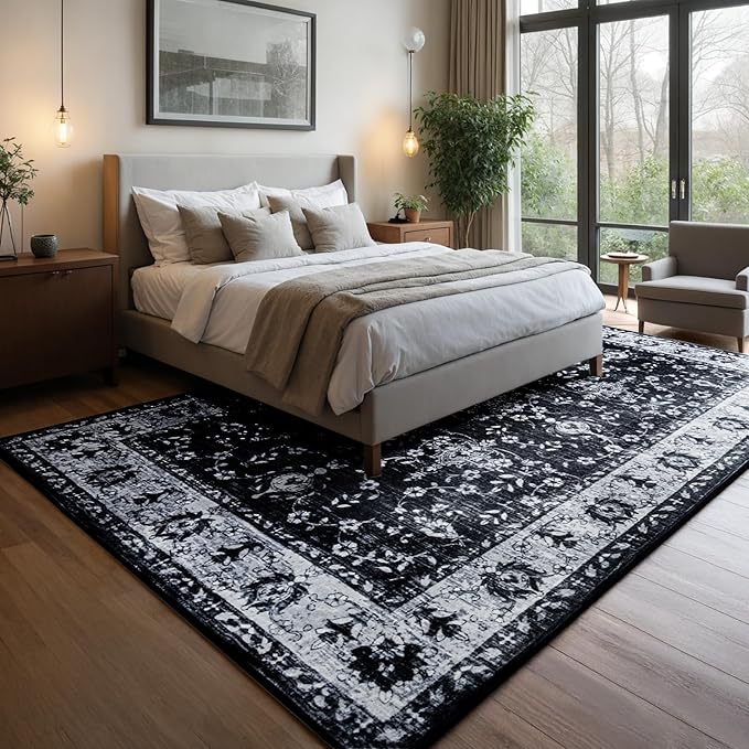 Area Rug for Living Room, 6x9 Machine Washable Non Slip Large Faux Wool Throw Rug, 0.3″ Low Pile & Non-Shedding Boho Large Carpet Rugs for for Dining Room, Bedroom, Office (Black White)