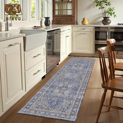 Washable Area Rug 2'6'' x 8' Vintage Traditional Persian Mat - Foldable Distressed Non-Slip Machine Washable Carpet for Living Room Bedroom Kitchen Home Decor - Indigo and Gold