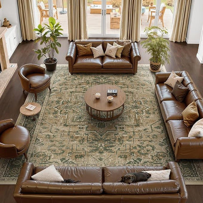 Large Area Rugs 10x12, Living Room Bedroom Carpet Extra Large Size Washable Non Slip, Vintage Distressed Medallio Low Pile Thin Rug for Big Dining Room, Multi Brown/Olive