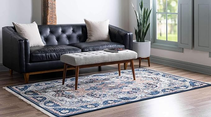Unique Loom Narenj Collection Classic Traditional Medallion Textured Design Area Rug, 5 x 8 ft, Navy Blue/Tan