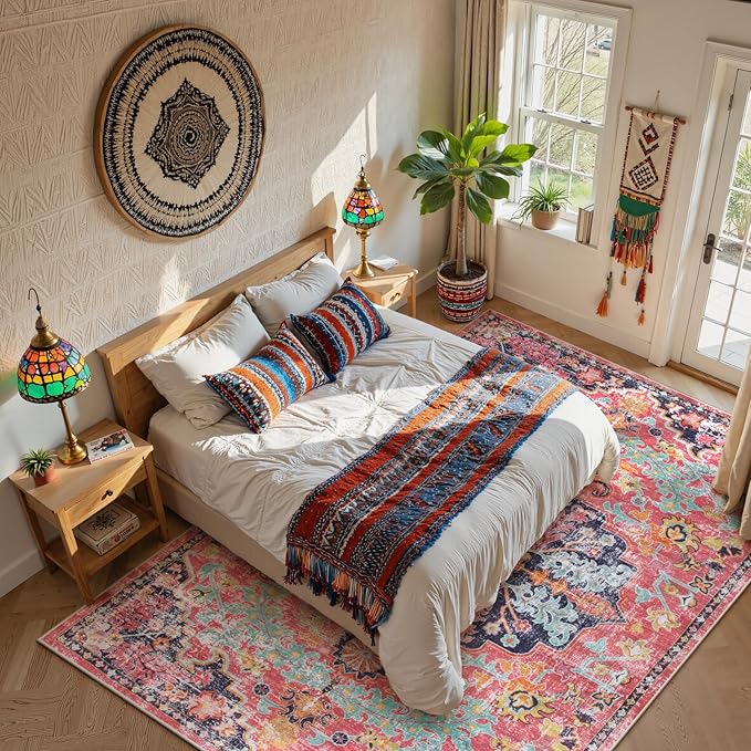 Lahome 8x10 Area Rugs for Living Room, Washable Rugs for Bedroom Aesthetic Large Dining Room Rugs for Under Table, Bohemian Printed Low Pile Nursery Carpet for Playroom Home Office, Fuchsia/Multi