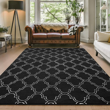 Amearea Fluffy Indoor Area Rug, Soft Trellis Moroccan Rugs for Bedroom, Shag Modern Area Rug for Living Room Kids Room Nursery, Easy Clean, Home Decor Low Pile Carpet, Black 6x9 Feet