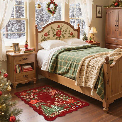 Lahome Floral Christmas Rug, 2x4 Washable Christmas Kitchen Rugs Indoor Ultra-Thin, Soft Christmas Rugs for Entryway Red Door Mat Holiday Rugs for Bathroom Bedroom, Red