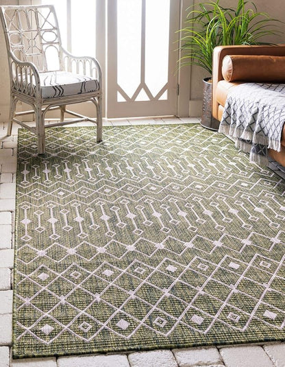 Unique Loom Outdoor Trellis Collection Area Rug - Tribal Trellis (9' x 12' Rectangle, Green/ Natural)