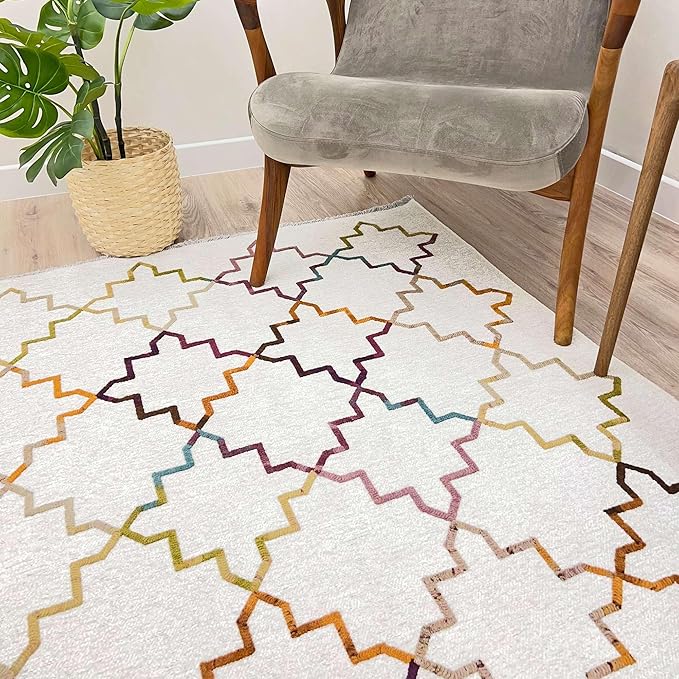 Alfa Rich 4x6 Moroccan White Washable Area Rugs for Living Room Bedroom Kitchen Decor Cotton Rug