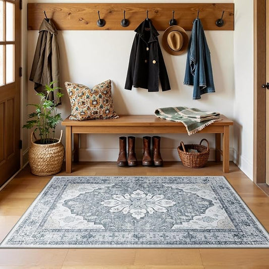 Area Rugs 3'x5' Washable Non-Slip, Floral Vintage Distress Print Pattern Medallion Carpet for Living Room Bedroom Dining Room, Light Gray Grey White