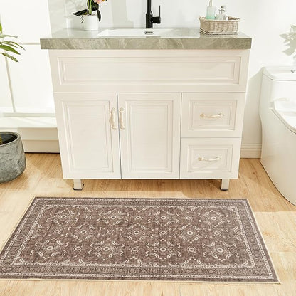 WITSHOCK Washable 2x4 Entryway Area Rug, Soft Non-Slip Rugs Vintage Flower Accent Small Rugs for Bedroom, Kitchen, Living Room, Nursery Entrance, Dark Brown
