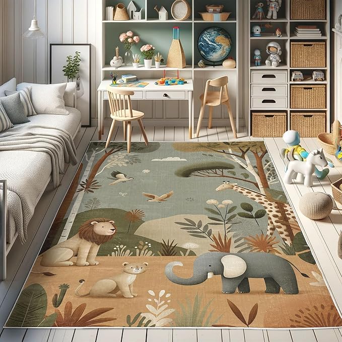 Ambesonne Woodland Decorative Rug, Funny Nature Theme Cartoon Lion Elephant Bird Giraffe Animals Print, Quality Carpet for Bedroom Dorm and Living Room, 2' 2" x 3' 7", Olive Green Redbrown Ecru