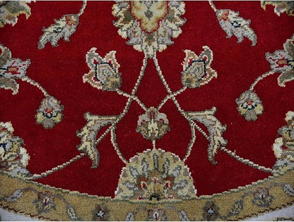 Exotic Red Hand Knotted All Over Leaf Pattern Wool and Silk Rajasthan Design Round Rug (6'x6')