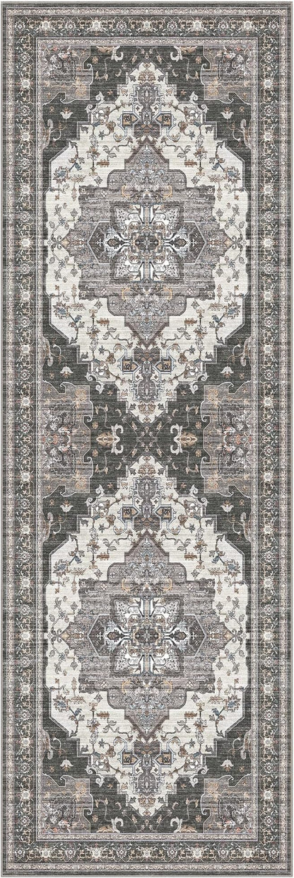 GENIMO 2X6 Hallway Runner Rug, Machine Washable Non Slip Vintage Floral Patchwork Runners, Thin Low Pile Chenille Carpet Runners for Entryway, Kitchen, Bathroom, Bedroom, Slate Gray